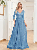 Light Blue Long Sleeve V - Neck Sequin Formal A - Line Gown S