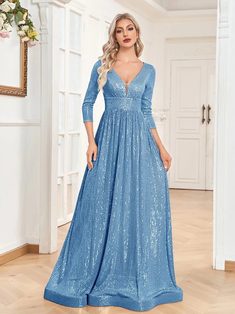 Long Sleeve V-Neck Sequin Formal A-Line Gown