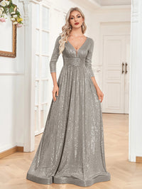 Gray Long Sleeve V - Neck Sequin Formal A - Line Gown M