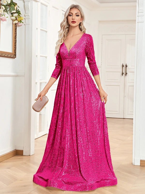 Fuchsia Long Sleeve V - Neck Sequin Formal A - Line Gown XXL