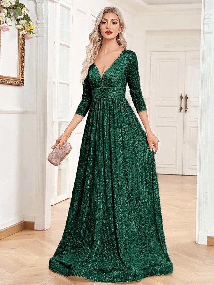 Dark Green Long Sleeve V - Neck Sequin Formal A - Line Gown L