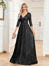 black Long Sleeve V - Neck Sequin Formal A - Line Gown S