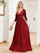 Burgundy Long Sleeve V - Neck Sequin Formal A - Line Gown XXL