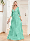 Mint Green Long Sleeve V - Neck Sequin Formal A - Line Gown XXL