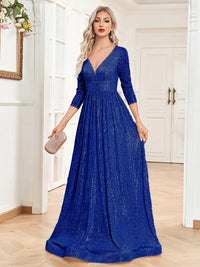 Royal Blue Long Sleeve V - Neck Sequin Formal A - Line Gown L