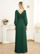 Elegant long-sleeve chiffon dress in navy blue with high slit, size M.