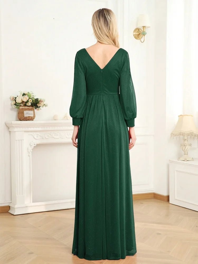 Long Sleeves V-Neck High Slit Chiffon Formal Dress