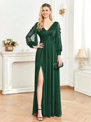 Elegant navy chiffon long-sleeve formal dress with high slit, size M.