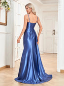 Luxury dusty blue satin cocktail dress with elegant silhouette, size M.