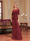 Burgundy Luxury Short Sleeve Sequin Tulle Formal Evening Dress S