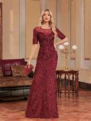 Burgundy Luxury Short Sleeve Sequin Tulle Formal Evening Dress S