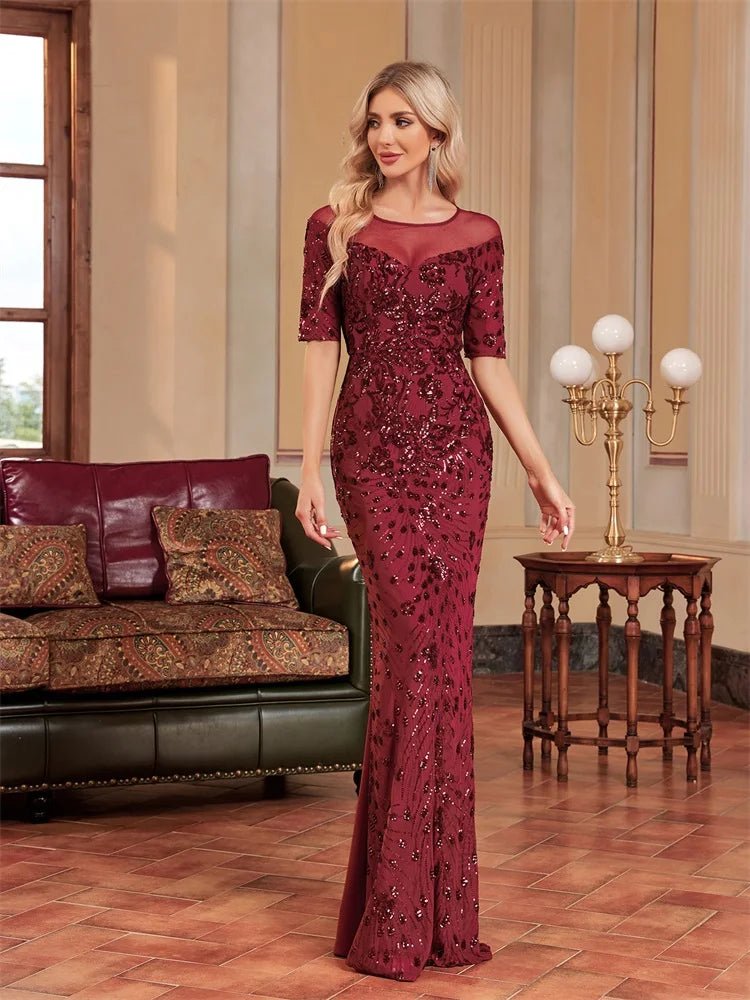 Burgundy Luxury Short Sleeve Sequin Tulle Formal Evening Dress S