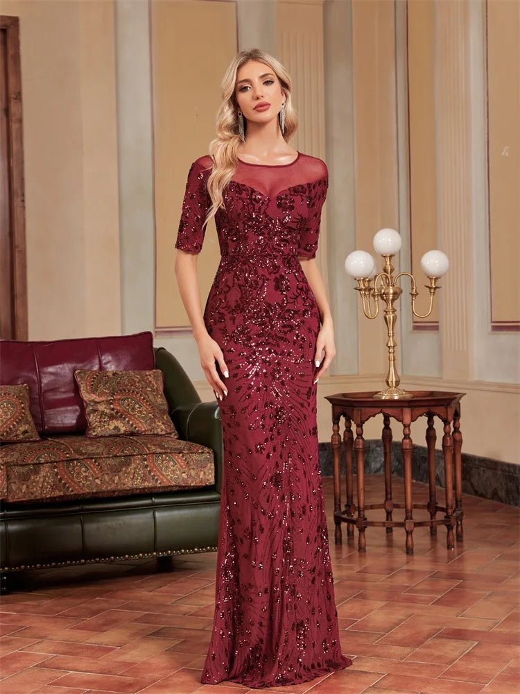 Burgundy Luxury Short Sleeve Sequin Tulle Formal Evening Dress S