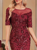 Burgundy Luxury Short Sleeve Sequin Tulle Formal Evening Dress S