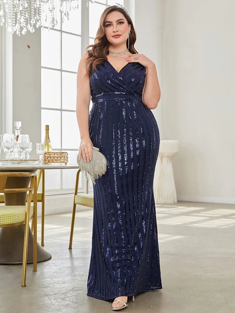 Luxury V-Neck Navy Blue Sequin Evening Dress