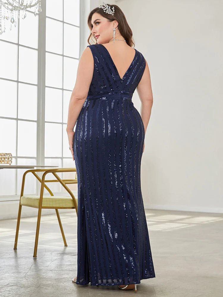 Luxury V-Neck Navy Blue Sequin Evening Dress