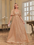 Gold Luxury V - Neck Short Sleeves Formal Sequin Dress S