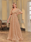 Gold Luxury V - Neck Short Sleeves Formal Sequin Dress S