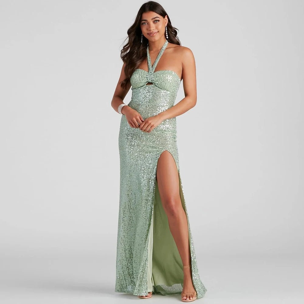 Maxi Mint Green Halter Neck Side Split Sequin Dress