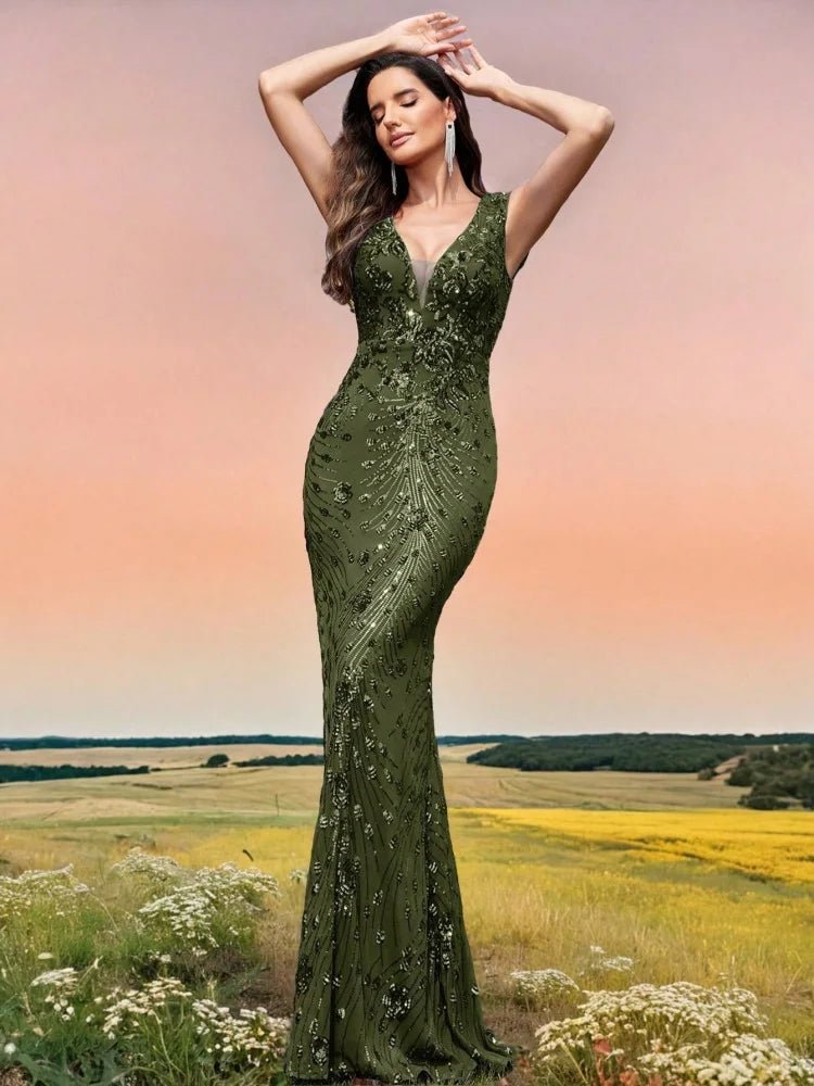 Mermaid Army Green Long Sequin Evening Dress