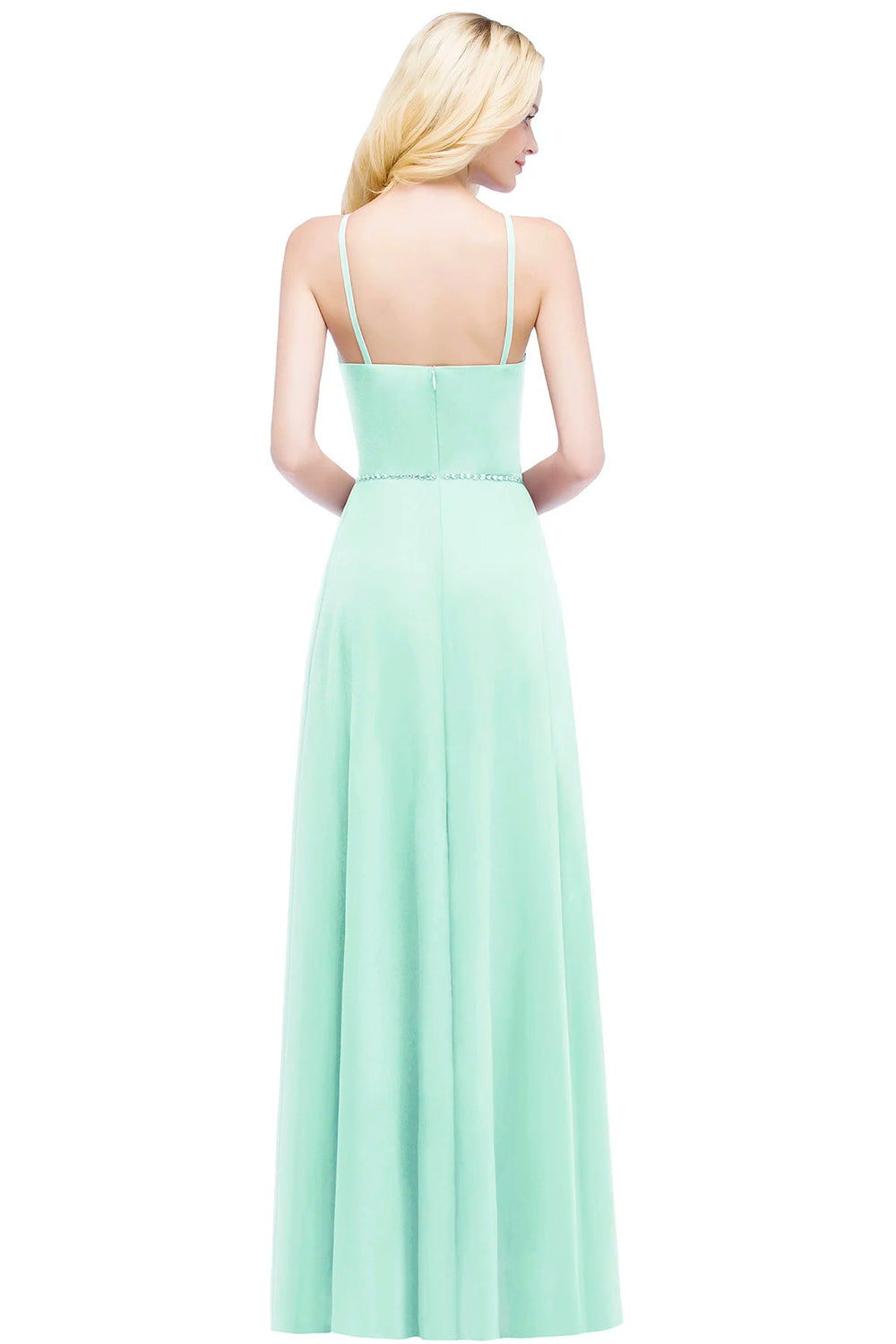 Mint Green A-Line Halter Neck Bridesmaid Dress with Beaded Belt