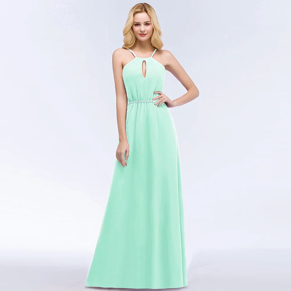 Mint Green A-Line Halter Neck Bridesmaid Dress with Beaded Belt