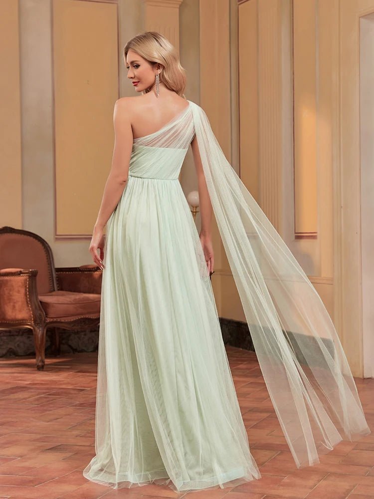 Mint Green Chiffon One Shoulder Wedding Party Gown