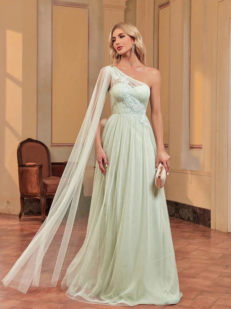 Mint Green Chiffon One Shoulder Wedding Party Gown