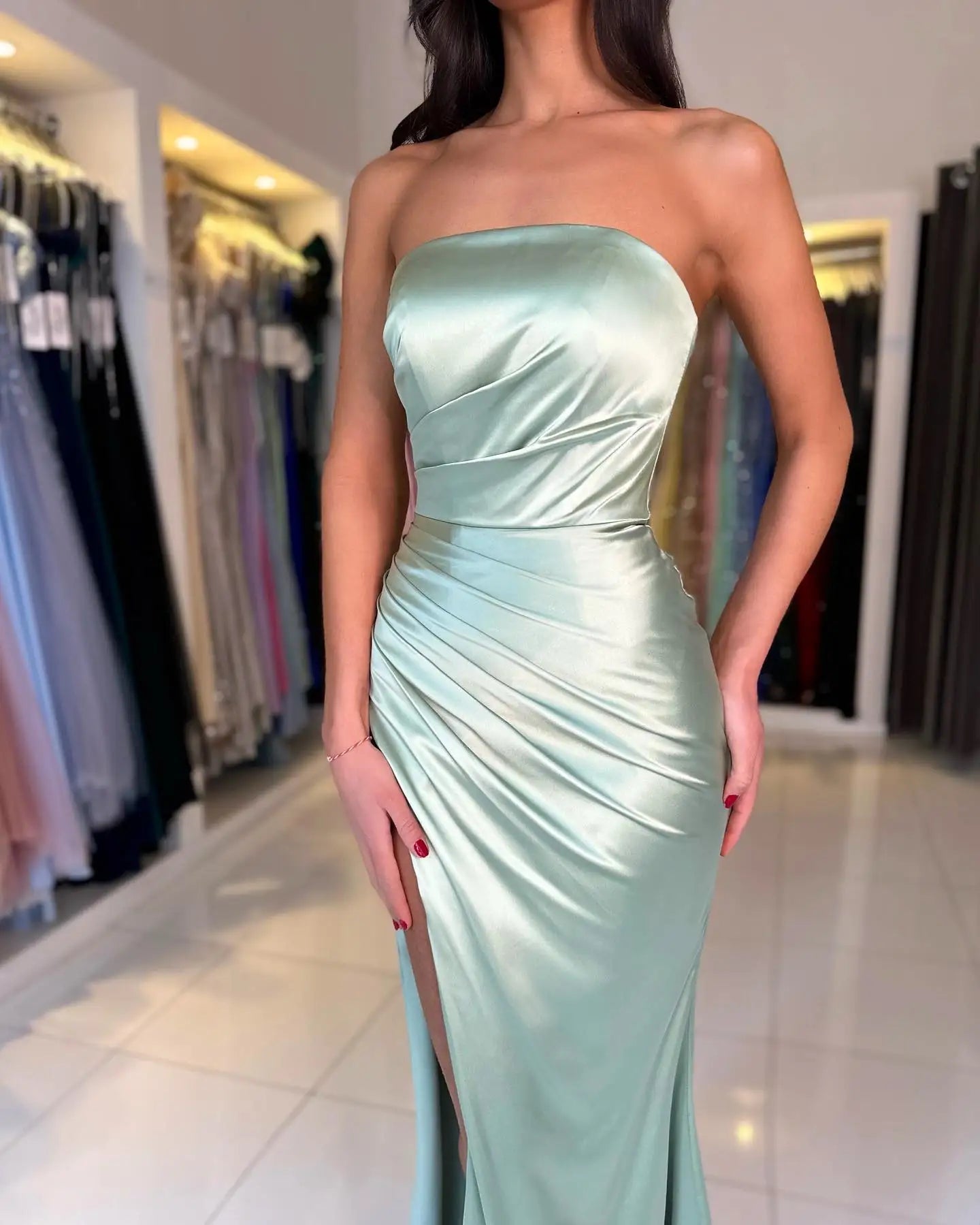 Mint Green High Slit Satin Strapless Bridesmaid Dress