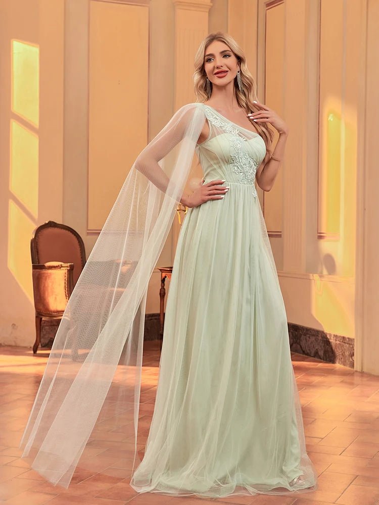 Mint Green Mint Green One Shoulder Elegant A - Line Chiffon Dress S