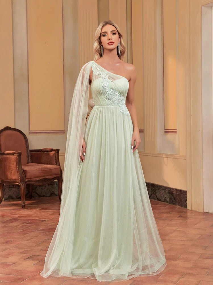 Mint Green One Shoulder Elegant A-Line Chiffon Dress