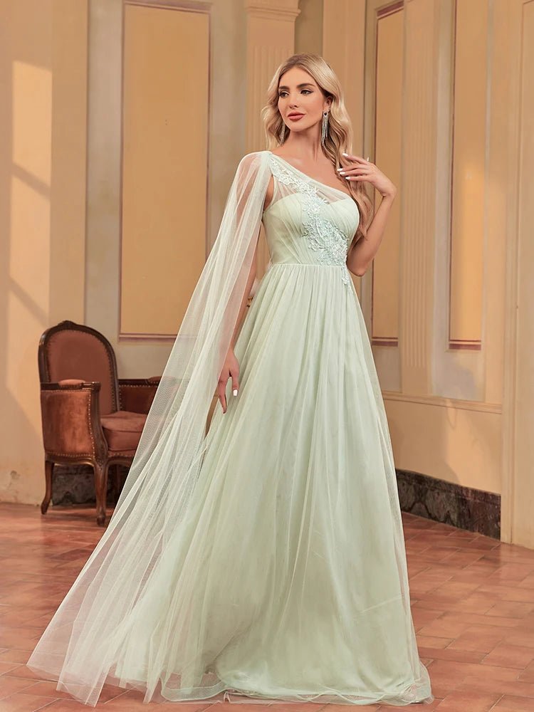 Mint Green Mint Green One Shoulder Elegant A - Line Chiffon Dress S