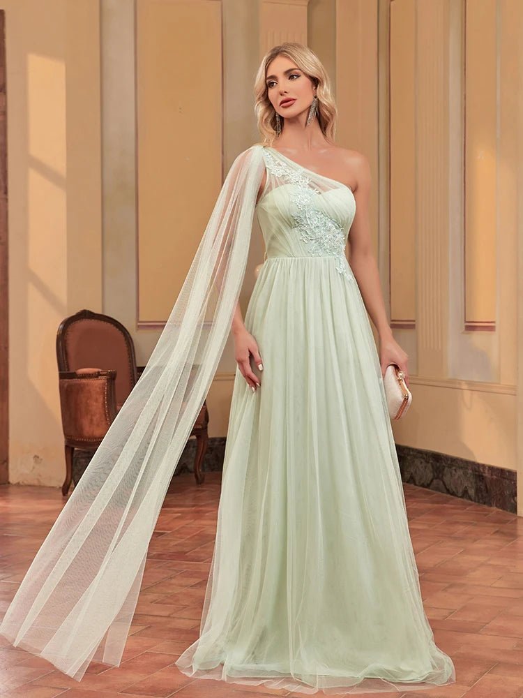 Mint Green Mint Green One Shoulder Elegant A - Line Chiffon Dress S