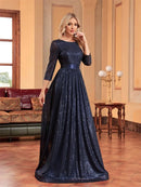 Navy blue 3/4 sleeve sequined formal evening dress, elegant design.