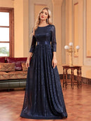 Navy blue formal evening dress with 3/4 sleeves and sequin accents.