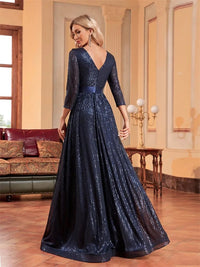 Navy blue formal evening dress with sequins and 3/4 sleeves, size M.