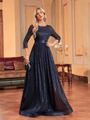 Navy blue formal evening dress with 3/4 sleeves and sequins.