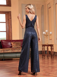 Navy Blue Navy Blue Tie Waist Sleeveless Wide Leg Jumpsuit S