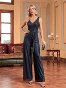 Navy Blue Navy Blue Tie Waist Sleeveless Wide Leg Jumpsuit S