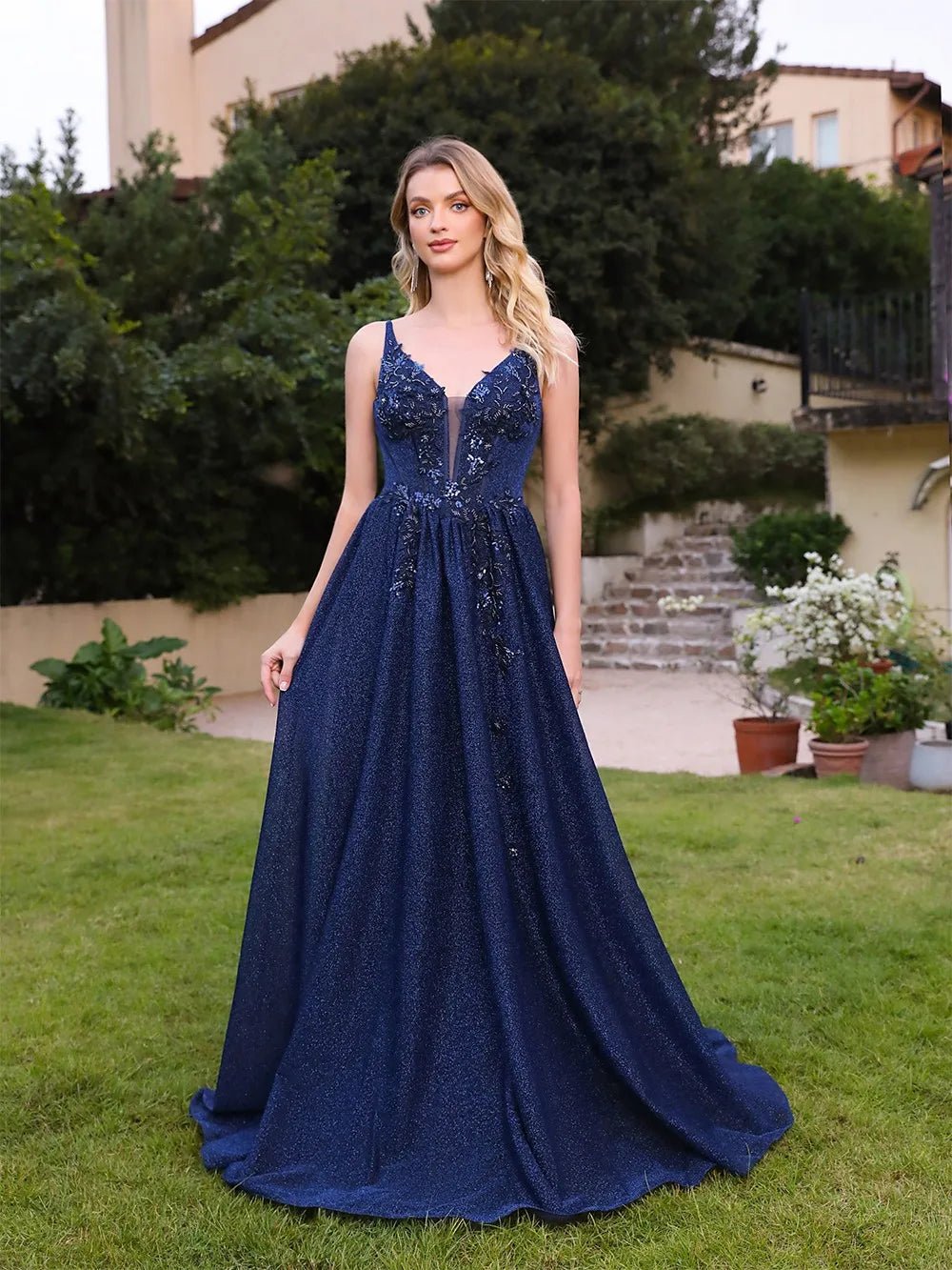 Navy Floral Beaded Evening Gown