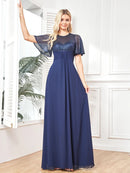 Navy short-sleeve embellished evening gown with elegant details.