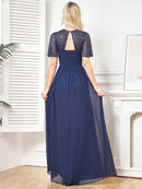 Navy short-sleeve embellished evening gown, elegant design, size available.