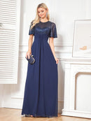 Elegant navy short sleeve embellished evening gown, size M, stunning design.