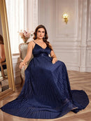 Plus-size navy sleeveless A-line long evening gown with elegant design.