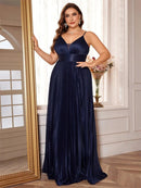 Plus-size navy sleeveless A-line long evening gown with elegant design.