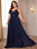 Navy sleeveless A-line long evening gown, plus size, elegant design.