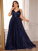 Navy A-line long evening gown, sleeveless, plus size, elegant design.