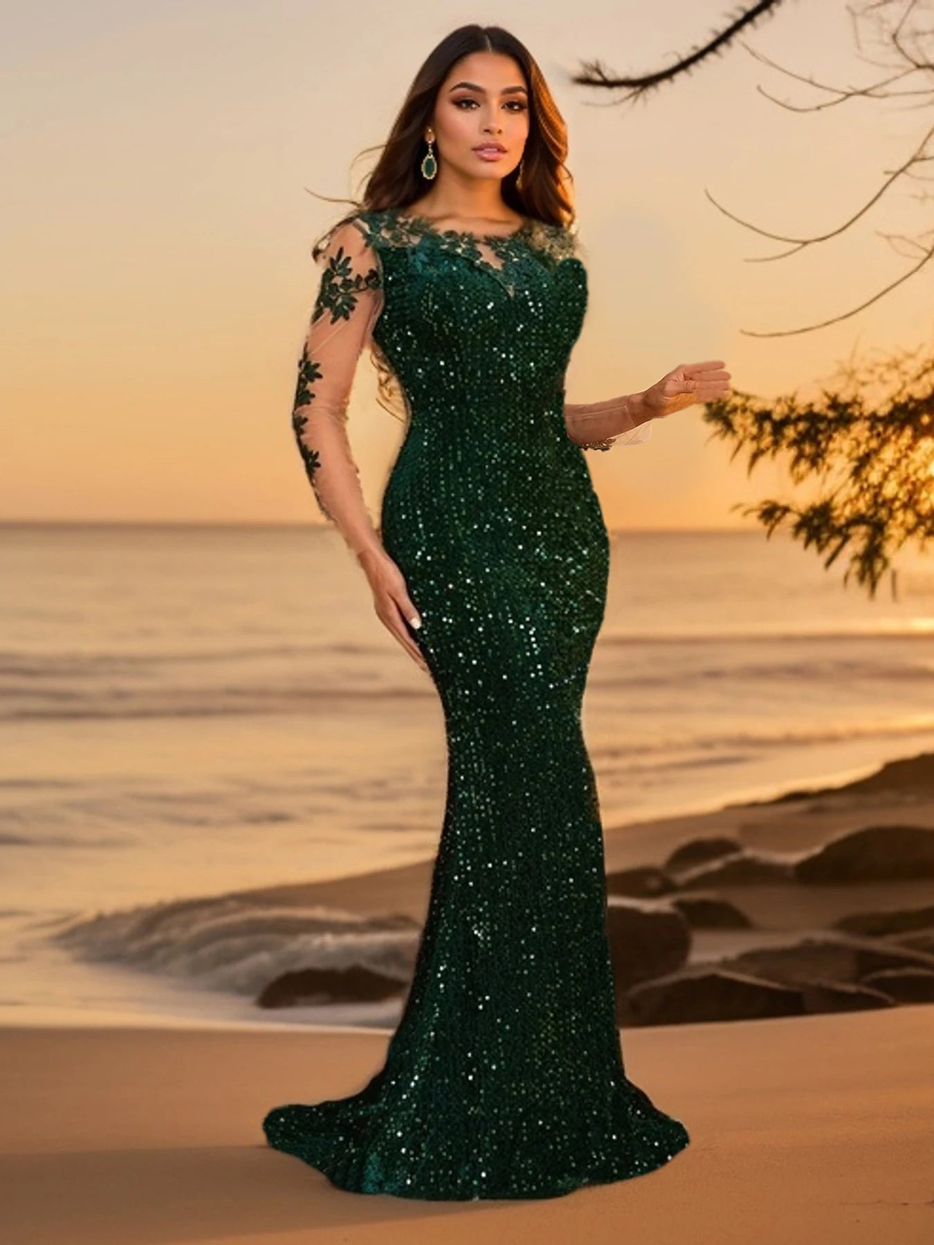 Emerald green sequin mermaid gown on beach at sunset