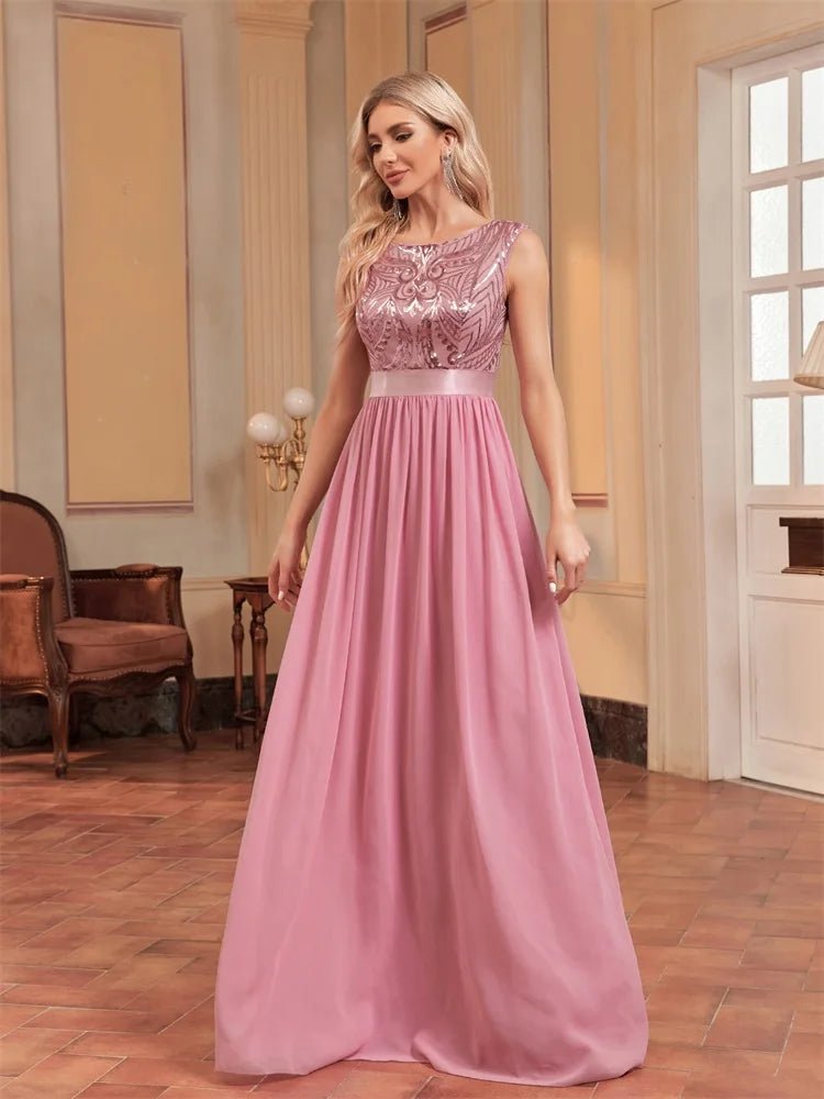 Pink O - Neck Sleeveless Pink Chiffon Bridesmaid Dress S