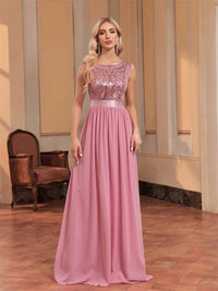 Pink O - Neck Sleeveless Pink Chiffon Bridesmaid Dress S